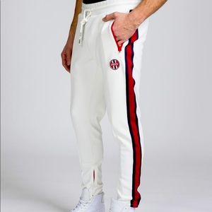 White PRPS Jogger Pants with Red and Blue Stripes
